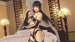 Rule 34 | 1girl, 3d, bed, black hair, breasts, dead or alive, dead or alive xtreme 3 fortune, highres, large breasts, long hair, nyotengu, official art, official wallpaper, purple eyes, revealing clothes, solo, tecmo, underboob, wallpaper