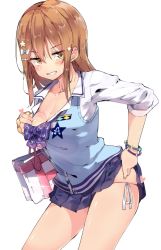 Rule 34 | 1girl, absurdres, bag, blue bow, blue bowtie, blush, bow, bowtie, bracelet, breasts, brown eyes, brown hair, cleavage, clothes lift, clothes pull, collar tug, collarbone, commentary request, diagonal-striped bow, grin, hair ornament, hairclip, handbag, highres, jewelry, kunikida hanamaru, lifting own clothes, long hair, looking at viewer, love live!, love live! school idol festival, love live! sunshine!!, medium breasts, microskirt, miniskirt, panties, pleated skirt, popii (yuuta679), school bag, shirt pull, shoulder bag, side-tie panties, side-tie peek, simple background, sketch, skirt, skirt lift, smile, smug, solo, star (symbol), star hair ornament, striped bow, striped bowtie, striped clothes, striped neckwear, sweater vest, underwear, white background