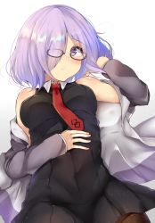 Rule 34 | 1girl, ashino, bare shoulders, between breasts, black dress, blush, breasts, brown pantyhose, collared shirt, cowboy shot, dress, fate/grand order, fate (series), glasses, grey background, hair over one eye, hand on own stomach, hand up, highres, hood, hoodie, looking at viewer, lying, mash kyrielight, medium breasts, necktie, necktie between breasts, on back, open clothes, open hoodie, pantyhose, parted lips, purple-framed eyewear, purple eyes, purple hair, semi-rimless eyewear, shirt, short dress, simple background, solo, under-rim eyewear, upper body, wing collar