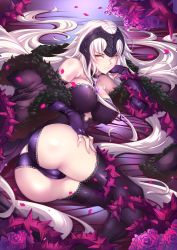Rule 34 | aata1007, ass, bare shoulders, black dress, black panties, black thighhighs, blush, breasts, bridal gauntlets, choker, detached sleeves, dress, fate/grand order, fate (series), flower, fur trim, headpiece, highres, jeanne d&#039;arc (fate), jeanne d&#039;arc alter (avenger) (fate), jeanne d&#039;arc alter (avenger) (third ascension) (fate), jeanne d&#039;arc alter (fate), jewelry, lace, lace-trimmed legwear, lace-trimmed panties, lace trim, large breasts, long hair, looking at viewer, lying, on side, panties, parted lips, pendant, petals, rose, silver hair, solo, thighhighs, thighs, thorns, underwear, yellow eyes