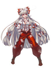Rule 34 | 1girl, bad id, bad pixiv id, boots, bow, breasts, cigarette, cleavage, deyezi, fujiwara no mokou, full body, hair bow, hair ribbon, hands in pockets, high collar, highres, long hair, medium breasts, navel, pants, red eyes, ribbon, shirt, silver hair, simple background, smoke, smoking, solo, spread legs, suspenders, touhou, very long hair, white background