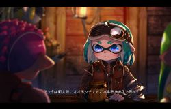 Rule 34 | 1boy, 2girls, aqua hair, bad id, bad pixiv id, beer mug, black gloves, blue eyes, blurry, blurry background, blurry foreground, breast pocket, brown shirt, brown vest, buckle, character request, commentary request, cup, depth of field, fingerless gloves, fur trim, gloves, goggles, goggles on head, green hair, highres, indoors, inkling, inkling boy, inkling girl, inkling player character, kashu (hizake), letterboxed, light, long hair, long sleeves, looking at another, medium hair, monster girl, monster hunter, monster hunter: world, monster hunter (series), mug, multiple girls, nintendo, parted lips, pink hair, pocket, pointy ears, rope, shirt, short eyebrows, sitting, spiked hair, splatoon (series), splatoon 2, table, tentacle hair, translation request, vest, weapon