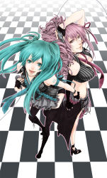 Rule 34 | 2girls, alternate hairstyle, aqua eyes, aqua hair, bad id, bad pixiv id, boots, curly hair, fingerless gloves, from above, gloves, hatsune miku, high heels, long hair, megurine luka, microphone, mitsuki (pixiv), multiple girls, necktie, pink hair, ponytail, shoes, skirt, smile, thighhighs, twintails, very long hair, vocaloid, world&#039;s end dancehall (vocaloid)