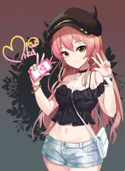 Rule 34 | 1girl, absurdres, bare shoulders, between breasts, black choker, black hat, blush, bracelet, breasts, cellphone, character name, choker, cleavage, closed mouth, collarbone, commentary request, cowboy shot, crop top, earrings, hands up, hat, heart, highres, holding, holding phone, hoop earrings, idolmaster, idolmaster cinderella girls, idolmaster cinderella girls starlight stage, jewelry, jougasaki mika, large breasts, long hair, looking at viewer, midriff, navel, off shoulder, phone, pink hair, short shorts, shorts, smartphone, smile, solo, stomach, strap between breasts, sylph kim, v, w, white bag