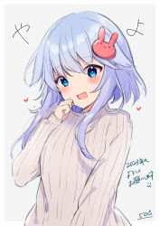 Rule 34 | 1girl, 2023, artist name, blue eyes, blush, border, hair ornament, kantai collection, long sleeves, open mouth, purple hair, rabbit hair ornament, ribbed sweater, short hair with long locks, sidelocks, signature, smile, solo, sou (soutennkouchi), sweater, upper body, white border, white sweater, yayoi (kancolle)