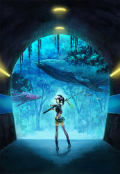 Rule 34 | 1girl, black hair, fish, fishing rod, fluorescent lamp, from behind, holding, holding fishing rod, looking back, original, oropi, ponytail, shorts, solo, thighhighs, tree, tunnel, visor, visor cap, watch, whale, wristwatch, zettai ryouiki
