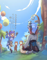 Rule 34 | 2girls, = =, alternate color, animal, animal on head, balloon, blue hair, blue sky, blush, boots, bow, box, brown footwear, brown gloves, cat, closed eyes, cloud, commentary request, crying, day, full body, gloves, hair bow, hanbok, highres, kawagoe pochi, korean clothes, long hair, long sleeves, looking at another, multiple girls, on head, open mouth, outdoors, palm tree, panda, panda on head, purple hair, purple shirt, purple shorts, ragnarok online, red bow, running, seiza, shirt, short hair, shorts, sitting, sky, soul linker (ragnarok online), streaming tears, super novice (ragnarok online), tears, translation request, tree, white footwear, yin yang hair ornament