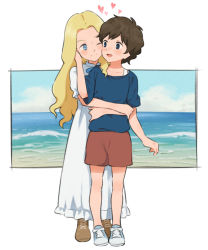 Rule 34 | 2girls, ;), anna (omoide no marnie), arm up, blonde hair, blue ribbon, blue shirt, blue sky, blush, brown footwear, brown hair, brown shorts, closed mouth, cloud, commentary request, dress, eye contact, full body, heart, hug, hug from behind, long hair, looking at another, marnie (omoide no marnie), meis (terameisu), multiple girls, neck ribbon, no socks, ocean, omoide no marnie, one eye closed, open mouth, ribbon, shirt, shoes, short hair, short sleeves, shorts, sky, smile, sneakers, standing, white dress, white footwear, yuri