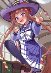 Rule 34 | 1girl, animal ears, brown hair, commentary request, crouching start, hair ornament, hair rings, hat, highres, horse ears, horse girl, leg up, long hair, open mouth, purple eyes, school uniform, shaking, sweep tosho (umamusume), thighhighs, tracen school uniform, twintails, umamusume, window, witch hat
