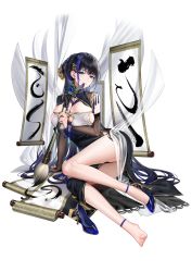 Rule 34 | 1girl, barefoot, black dress, black hair, blue eyes, blue hair, breasts, calligraphy, calligraphy brush, cleavage, commentary request, dress, full body, hair ornament, hbb, high heels, highres, ink, large breasts, legs, looking at viewer, mouth hold, multicolored hair, original, paintbrush, shoes, short hair, simple background, single shoe, smile, solo, thighs, two-tone hair, white background