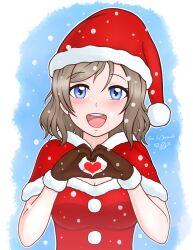 Rule 34 | 1girl, absurdres, blue eyes, blush, brown hair, christmas, hat, heart, heart hands, highres, looking at viewer, love live!, love live! sunshine!!, ratsukare, santa costume, santa hat, short hair, simple background, smile, snow, solo, watanabe you, wavy hair