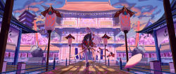 Rule 34 | 1girl, absurdres, anz siki, architecture, bell, black kimono, east asian architecture, falling petals, from side, full body, hair bell, hair ornament, highres, holding, holding sword, holding weapon, hololive, horns, japanese clothes, katana, kimono, lamppost, long hair, mask, mask on head, nakiri ayame, nakiri ayame (1st costume), okobo, oni mask, petals, red eyes, sandals, scenery, short kimono, silver hair, skin-covered horns, solo, standing, sword, thighhighs, virtual youtuber, weapon, white thighhighs, wooden floor
