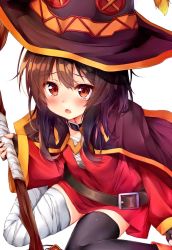 Rule 34 | 10s, 1girl, bandages, belt, black hair, black thighhighs, blush, cape, commentary request, fingerless gloves, gloves, hat, highres, kono subarashii sekai ni shukufuku wo!, looking at viewer, megumin, open mouth, red eyes, rouka (akatyann), short hair, single thighhigh, solo, staff, thighhighs, witch hat