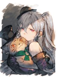 Rule 34 | 10s, 1girl, bare shoulders, cat, elbow gloves, gloves, granblue fantasy, hat, highres, junwool, mini hat, orchis, red eyes, side ponytail, silver hair, stuffed animal, stuffed toy