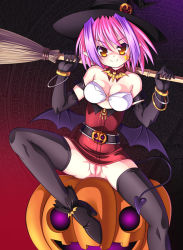 Rule 34 | 1girl, bandeau, bare shoulders, bat wings, belt, black thighhighs, blush, boots, bracelet, breasts, broom, censored, choker, cleavage, demon girl, demon tail, dress, elbow gloves, facial mark, food-themed hair ornament, gloves, glowing, glowing eyes, goth fashion, hair ornament, halloween, hat, high heels, jack-o&#039;-lantern, jewelry, magic circle, medium breasts, mosaic censoring, multicolored hair, naughty face, no panties, o-ring, o-ring top, orange eyes, pink hair, pumpkin, pumpkin hair ornament, purple hair, pussy, shoes, short dress, short hair, sitting, smile, solo, spread legs, star (symbol), tail, tanuki yousuke, thighhighs, two-tone hair, wings, witch hat, zettai ryouiki