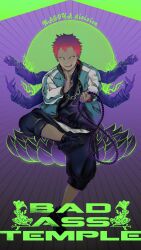 Rule 34 | 1boy, beads, black footwear, black pants, black vest, blue jacket, boots, buddhism, chain, chain necklace, circle, circlet, collared jacket, commentary request, english text, extra arms, flower, glowing, glowing eyes, green eyes, harai kuko, highres, holding, hypnosis mic, jacket, jewelry, leg up, long sleeves, looking at viewer, lotus, male focus, necklace, open clothes, open jacket, open mouth, pants, pink hair, prayer beads, puffy pants, purple background, ranko no ane, shirt, short hair, sitting, smile, solo, teeth, v-neck, v-shaped eyebrows, vest, white shirt