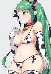 Rule 34 | 1girl, animal print, bell, bikini, breasts, circlet, cleavage, closed mouth, cow horns, cow print, detached sleeves, fake horns, from side, gem, green eyes, green hair, grey background, hairband, hand on own chest, highres, horns, jewelry, kid icarus, kitami tsuzuka, large breasts, long hair, looking down, navel, neck bell, nintendo, palutena, print bikini, simple background, skindentation, smile, solo, stomach, swept bangs, swimsuit, thighhighs, thighs
