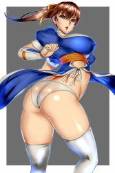 Rule 34 | 1girl, absurdres, ass, blue eyes, blush, breasts, brown hair, curvy, dead or alive, from behind, hair ribbon, highleg, highleg panties, highres, huge ass, huge breasts, judge (oekaki), judgem29, kasumi (doa), large breasts, long hair, looking at viewer, ninja, open mouth, panties, partially visible vulva, pelvic curtain, ponytail, revealing clothes, ribbon, shiny clothes, shiny skin, sideboob, skindentation, solo, thick thighs, thighhighs, thighs, thong, underwear, wide hips
