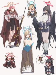 Rule 34 | 3girls, absurdly long hair, absurdres, animal ears, anmochi mochi, aru (blue archive), asuna (blue archive), asuna (bunny) (blue archive), bare shoulders, black choker, black hair, black wings, blue archive, blue leotard, breasts, brown pantyhose, chibi, choker, closed eyes, coat, demon horns, fur-trimmed coat, fur trim, hair ribbon, halo, hasumi (blue archive), hasumi (track) (blue archive), highres, horns, jacket, large breasts, large wings, leotard, light brown hair, long hair, mole, mole under eye, multiple girls, official alternate costume, pantyhose, partially unzipped, pink hair, playboy bunny, ponytail, rabbit ears, red eyes, ribbon, smile, solo, sportswear, track jacket, very long hair, wings