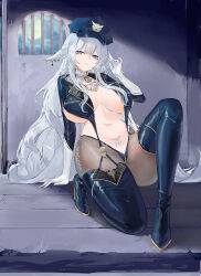 Rule 34 | 1girl, absurdres, alternate costume, animal ears, azur lane, bikini, bikini bottom only, blue eyes, blue footwear, blue shirt, blue thighhighs, boots, breasts, breasts apart, brown pantyhose, center opening, closed mouth, collar, crotch zipper, cuffs, earrings, fox ears, garter straps, gloves, hand up, handcuffs, hat, high heel boots, high heels, highleg, highleg bikini, highres, huge breasts, jewelry, long hair, long sleeves, looking at viewer, navel, no bra, on one knee, pantyhose, peaked cap, police hat, prison cell, pubic tattoo, revealing clothes, shinano (azur lane), shirt, solo, stomach, string bikini, suo bu ye feng, swimsuit, tattoo, thigh boots, thighhighs, very long hair, white gloves, white hair, zipper