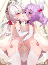 Rule 34 | ahoge, alternate costume, asymmetrical docking, azur lane, blue eyes, blush, breast press, breasts, chain, commentary request, curtains, feathers, flandre (azur lane), flasher (azur lane), grey hair, hair ornament, hat, highres, looking at viewer, low twintails, medium hair, petite, purple eyes, red eyes, small breasts, sweat, tears, thighhighs, twintails, uzda ricecake, white background