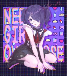 Rule 34 | 1girl, ame-chan (needy girl overdose), black hair, black nails, black ribbon, black skirt, collar, collared shirt, full body, hair ornament, hair over one eye, hair tie, hairclip, highres, jirai kei, long hair, looking at viewer, multicolored nails, neck ribbon, needy girl overdose, procreate (medium), purple eyes, red nails, red shirt, ribbon, shirt, shirt tucked in, sitting, skirt, solo, suspender skirt, suspenders, tongue, tongue out, twintails, weidadehansansama, white collar, x hair ornament