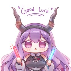 Rule 34 | 1girl, :o, arknights, black hairband, black shirt, blush, breasts, fake horns, haaiiro, hairband, highres, holding glowstick, horns, jacket, large breasts, long hair, looking at bulge, notice lines, off shoulder, open clothes, open jacket, pink eyes, purple hair, shirt, sidelocks, simple background, sleeveless, sleeveless shirt, solo, straight-on, typhon (arknights), upper body, white background, white jacket