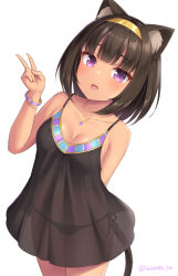 Rule 34 | 1girl, :d, animal ears, black dress, black panties, blunt bangs, blush, breasts, brown hair, cat ears, cat tail, cleavage, cowboy shot, dress, egyptian cat (sasaame), fang, hairband, hand up, jewelry, looking at viewer, medium breasts, medium hair, necklace, open mouth, original, panties, parted lips, purple eyes, sasaame, see-through, side-tie panties, simple background, skin fang, smile, solo, tail, twitter username, underwear, v, white background, wristband
