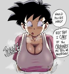 Rule 34 | 1girl, :o, absurdres, black hair, blue eyes, breasts, cleavage, clothes, covered erect nipples, dragonball z, english text, female focus, grey background, highres, huge breasts, jiggle, large breasts, looking at viewer, open mouth, pseudocel, short hair, simple background, solo, speech bubble, thought bubble, videl