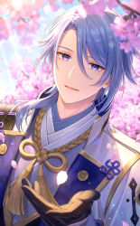 Rule 34 | 1boy, black gloves, blue eyes, blue hair, blurry, blurry foreground, bshi edayo, cherry tree, falling petals, genshin impact, gloves, hair between eyes, highres, japanese clothes, kamisato ayato, looking at viewer, male focus, medium hair, mole, mole under mouth, open mouth, petals, reaching, reaching towards viewer, smile, solo, sunlight, upper body