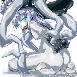 Rule 34 | 10s, 1girl, abyssal ship, aqua eyes, ball gag, bdsm, bondage, bound, breasts, drooling, gag, gagged, gloves, highres, kantai collection, long hair, naka (cheeseyeast), nude, pale skin, personification, restrained, saliva, silver hair, small breasts, solo, wiffle gag, wo-class aircraft carrier