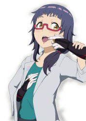 Rule 34 | 10s, 1girl, finger to mouth, glasses, hand in mouth, hand on another&#039;s chest, open mouth, purple hair, red-framed eyewear, scientist, seikaisuru kado, shinawa kanata, side ponytail, teeth, yaha-kui zashunina, yellow eyes
