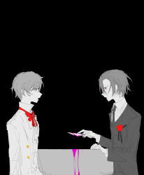 2boys absurdres alternate_costume black_background blazer blood blood_drip bloody_knife bow bowtie brown_eyes buttons chinese_commentary collared_jacket collared_shirt commentary commentary_request danganronpa_(series) danganronpa_another danganronpa_another:_another_despair_academy english_commentary face-to-face flower flower_brooch from_side greyscale hair_between_eyes high_collar highres holding holding_knife instrument jacket kinjou_tsurugi knife korean_commentary lapels layered_sleeves long_sleeves maeda_yuki male_focus mixed-language_commentary monochrome multilingual_commentary multiple_boys necktie notched_lapels open_mouth partially_colored piano pink_blood red_bow red_bowtie red_eyes red_flower red_rose rose shirt short_hair simple_background smile sutoroboraito upper_body white_jacket