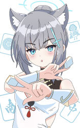 Rule 34 | 1girl, absurdres, animal ear fluff, animal ears, blue archive, blue eyes, blue halo, blush, breasts, commentary request, cross hair ornament, double w, dress, dual wielding, extra ears, grey hair, hair ornament, halo, highres, holding, holding mahjong tile, looking at viewer, mahjong, mahjong soul, mahjong tile, medium bangs, medium breasts, mismatched pupils, nak, open mouth, shiroko (blue archive), short hair, simple background, sleeveless, sleeveless dress, solo, upper body, w, white background, wolf ears, wolf girl