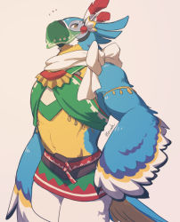 Rule 34 | 1boy, arabian clothes, arm at side, armlet, bad id, bad pixiv id, blush, brown background, brown eyes, feathers, flying sweatdrops, furry, furry male, hand on own hip, kass, looking at viewer, male focus, meganemido, nintendo, rito, scarf, see-through, signature, simple background, standing, the legend of zelda, the legend of zelda: breath of the wild, white scarf