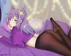 Rule 34 | 1girl, alternate costume, artist request, ass, blush, genshin impact, hair ornament, hairpin, highres, keqing (genshin impact), long hair, looking at viewer, lying, on stomach, pantyhose, purple eyes, purple hair, solo, sweater