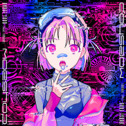 Rule 34 | 1girl, :o, album cover, black bra, blue nails, bra, breasts, cleavage, cover, ear piercing, earrings, glitch, goggles, goggles on head, hand up, highres, jacket, jewelry, looking at viewer, nail polish, narume, off shoulder, official art, open mouth, original, piercing, pink eyes, pink hair, pink jacket, pixel art, see-through, see-through shirt, short hair, single earring, small breasts, solo, tongue, tongue out, turtleneck, underwear, upper body