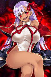 Rule 34 | 1girl, 774 (nanashi), arm support, bare shoulders, bb (fate), bb (fate) (all), bb (swimsuit mooncancer) (fate), bb (swimsuit mooncancer) (third ascension) (fate), black cape, breasts, cape, collarbone, commentary request, covered navel, crossed legs, evil smile, fate/grand order, fate (series), gloves, gradient background, highleg, highleg swimsuit, holding, holding wand, impossible clothes, large breasts, long hair, one-piece swimsuit, purple hair, red eyes, red ribbon, ribbon, sitting, smile, solo, swimsuit, thighs, very long hair, wand, white gloves, white one-piece swimsuit