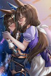 Rule 34 | 2girls, admire vega&#039;s twin sister (umamusume), admire vega (umamusume), blue dress, brown hair, closed eyes, closed mouth, commentary, crying, crying with eyes open, dress, ear covers, ear ornament, from side, frown, gloves, hair ribbon, half-closed eyes, highres, holding hands, horse girl, hug, hug from behind, long hair, low ponytail, multiple girls, night, night sky, open mouth, pleated skirt, puffy short sleeves, puffy sleeves, purple shirt, ribbon, sad, sailor collar, school uniform, shirt, short sleeves, siblings, single ear cover, sisters, skirt, sky, smile, standing, star (sky), starry sky, tabunshake, tears, tracen school uniform, twins, umamusume, white gloves, white ribbon, white sailor collar, white skirt