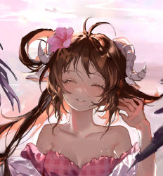 Rule 34 | 1girl, ahoge, animal ears, arknights, bare shoulders, bikini, blush, breasts, brown hair, chinese commentary, cleavage, collarbone, eyelashes, closed eyes, eyjafjalla (arknights), eyjafjalla (summer flower) (arknights), female focus, flower, hair flower, hair ornament, hand in own hair, hibiscus, highres, horns, leaf, long hair, looking at viewer, medium breasts, official alternate costume, outdoors, parted lips, pink bikini, plaid, plaid bikini, sheep ears, sheep horns, smile, solo, swimsuit, upper body, weifengbing, wet