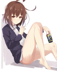 Rule 34 | 1girl, absurdres, ahoge, ass, bare legs, barefoot, blazer, bottomless, brown eyes, brown hair, can, cigarette, collared shirt, artistic error, expressionless, highres, holding, holding can, holding cigarette, jacket, kantai collection, knees up, long sleeves, looking at viewer, nighttsound, shadow, shirt, short hair, simple background, sitting, solo, strong zero, thighs, wakaba (kancolle), white background, white shirt, wing collar