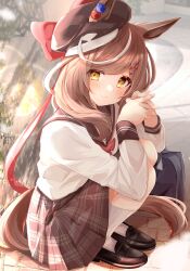 Rule 34 | absurdres, alternate costume, animal ears, bag, beret, blush, casual, commentary request, ears through headwear, hair ornament, hairclip, hat, highres, horse ears, horse girl, horse tail, lens flare, looking at viewer, matikane tannhauser (umamusume), medium hair, own hands together, school uniform, shoes, sitting, sky cappuccino, smile, tail, umamusume