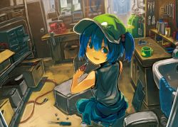 Rule 34 | 1girl, :d, blue eyes, blue hair, coffee mug, cup, female focus, hair bobbles, hair ornament, hat, indoors, kawashiro nitori, kitsune (kazenouta), looking at viewer, looking back, matching hair/eyes, mug, open mouth, pliers, screwdriver, short hair, sink, sleeveless, smile, solo, tank top, touhou, twintails, two side up