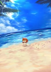 Rule 34 | 1girl, :d, absurdres, ahoge, beach, completely nude, day, fate/grand order, fate (series), from side, fujimaru ritsuka (female), hair between eyes, highres, horizon, nude, ocean, open mouth, orange eyes, orange hair, outdoors, palm tree, smile, solo, tree, walking, yoshio (55level)
