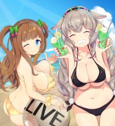 Rule 34 | + +, .live, 2girls, ^ ^, akiiro, animal ears, ass, ball, beach, beachball, bikini, blue eyes, blush, bow, breast lift, breasts, brown hair, cherry, cherry hair ornament, cleavage, closed eyes, closed mouth, collarbone, cup, day, drinking glass, drinking straw, closed eyes, facing viewer, food, food-themed hair ornament, fruit, green bow, hair bow, hair ornament, halterneck, highres, holding, holding ball, kakyouin chieri, large breasts, long hair, looking at viewer, mokota mememe, multiple girls, nail polish, navel, one eye closed, parted lips, red nails, side-tie bikini bottom, smile, strap lift, string bikini, swimsuit, teeth, thick eyebrows, twintails, virtual youtuber