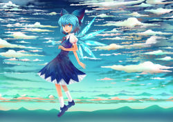 Rule 34 | 1girl, ascot, bad id, bad pixiv id, blue eyes, blue hair, bow, cirno, cloud, dress, female focus, hair bow, highres, matching hair/eyes, mg42cat-k1ng, outdoors, short hair, sky, smile, solo, touhou, wings