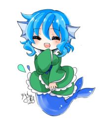 Rule 34 | 1girl, amatou (uot ama), bad id, bad pixiv id, blue hair, chibi, dated, fins, hand up, hands in opposite sleeves, head fins, japanese clothes, kimono, mermaid, monster girl, open mouth, short hair, signature, simple background, solo, squinting, touhou, wakasagihime, water drop, white background