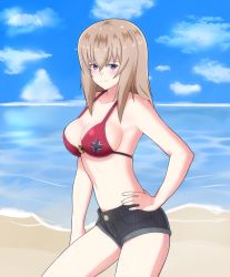 Rule 34 | 1girl, beach, bikini, bikini top only, black shorts, blue eyes, blue sky, blush, boko (girls und panzer), breasts, cleavage, closed mouth, cloud, cloudy sky, commentary request, cowboy shot, cross, day, denim, denim shorts, frown, girls und panzer, grey hair, hand on own hip, horizon, iron cross, iteza (flapper girl 25), itsumi erika, looking at viewer, medium hair, navel, ocean, outdoors, partial commentary, print bikini, red bikini, short shorts, shorts, sky, solo, standing, swimsuit