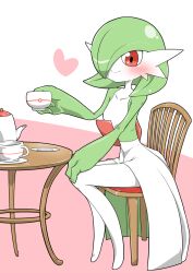 1girl blush bob_cut closed_mouth collarbone colored_skin creatures_(company) cup female_focus flat_chest full_body game_freak gardevoir gen_3_pokemon green_hair green_skin hair_over_one_eye hand_on_own_knee hand_up happy heart holding holding_cup kazamidoririnn knees_together_feet_apart legs looking_at_viewer multicolored_skin nintendo no_feet on_chair one_eye_covered pink_background poke_ball_theme pokemon pokemon_(creature) red_eyes saucer short_hair simple_background sitting smile solo table teacup teapot two-tone_background two-tone_skin white_skin