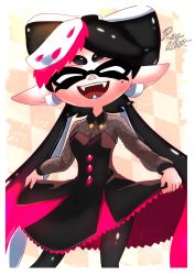 Rule 34 | 1girl, :d, altoooooon, argyle, argyle background, argyle clothes, artist name, beige background, black dress, black hair, black legion, black pantyhose, breasts, callie (splatoon), casual, cleavage, collared dress, commentary, curtsey, dress, earrings, facing viewer, fangs, food, food on head, gradient hair, highres, inkling, jewelry, long hair, long sleeves, medium breasts, medium dress, mole, mole under eye, multicolored hair, nintendo, object on head, open mouth, pantyhose, pink hair, pointy ears, see-through, signature, skirt hold, smile, solo, splatoon (series), splatoon 2, standing, tentacle hair, very long hair